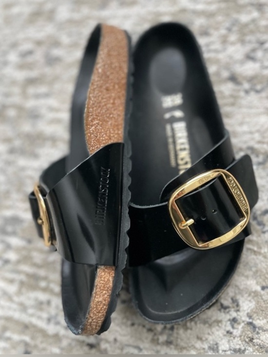 Birkenstock Shoes - Birkenstock Madrid Big Buckle Slide High Shine Black Gold Size 7